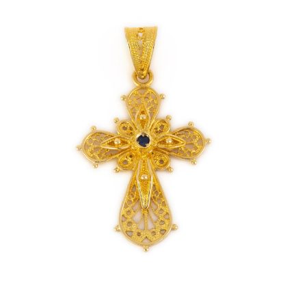 18K Gold Filigree Sapphire Cross