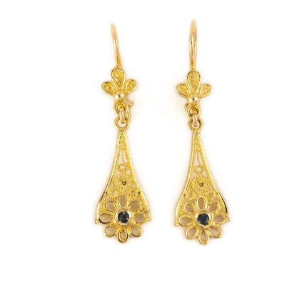 18K Gold Byzantine Filigree Sapphire Earrings