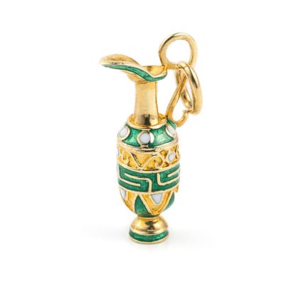 14k Gold Pendant Amphora with Green enamel & Meander