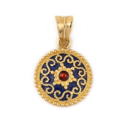 18k Solid Gold Round Pendant with Blue and Red enamel