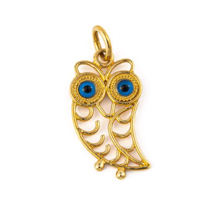 14k Gold Filigree Pendant - Wisdom Owl with Blue Eyes