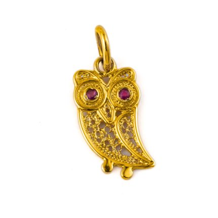 14k Gold Filigree Wisdom Owl Pendant with Ruby