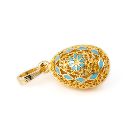 Filigree Egg Pendant with Rosette Flower - 14k Gold and Turquoise Enamel