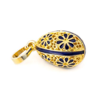 Filigree Egg Pendant with Flowers - 14k Gold and Blue Enamel