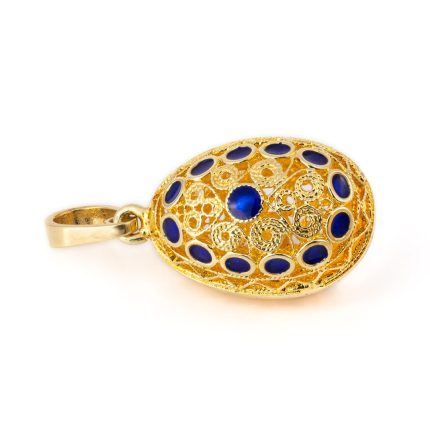 Filigree Egg Pendant Necklace – Sterling Silver and Gold Plated with Blue Enamel