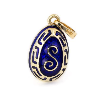 Meander Egg Pendant - 14k Gold and Blue Enamel