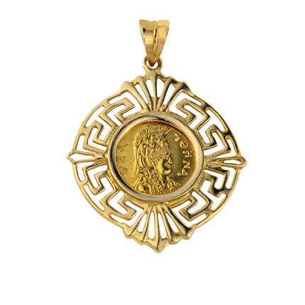 Goddess Athena and Owl Pendant with Greek Key - 14K Gold