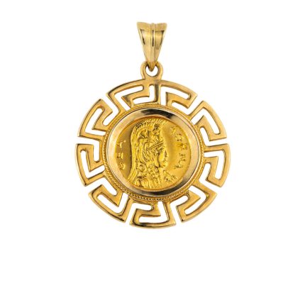 Athena and Owl Pendant with Greek Key - 14K Gold