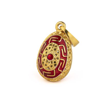 Greek Key Filigree Egg Pendant Necklace with Red Enamel – Sterling Silver Gold Plated