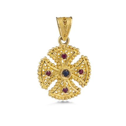 18k Gold Filigree Byzantine Cross With Ruby and Sapphire