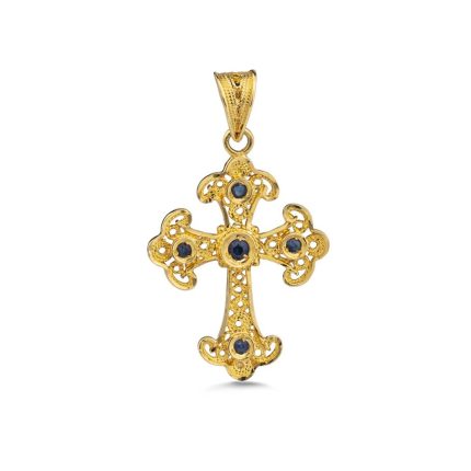 18k Gold Filigree Byzantine Cross With Sapphire
