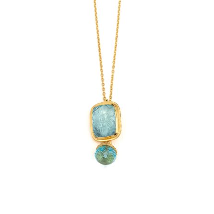 925 Sterling Silver and Gold Plated Necklace with Blue Glass Engaving