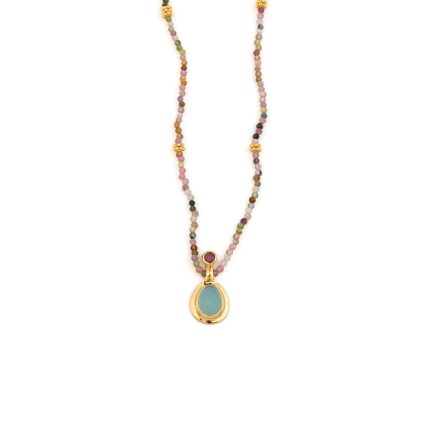 Aqua Chalcedony and Tourmaline Necklace - 925 Sterling Silver and Gold Plated