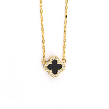 9K Gold Black Onyx Cross Necklace with White Zircons