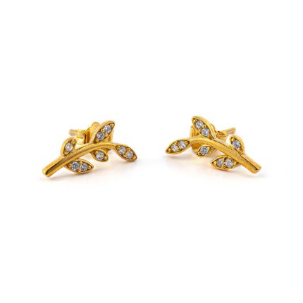 Leaf Earrings with Zircon – 14K Solid Yellow Gold