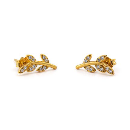 Leaf Zircon Earrings – 14K Solid Yellow Gold
