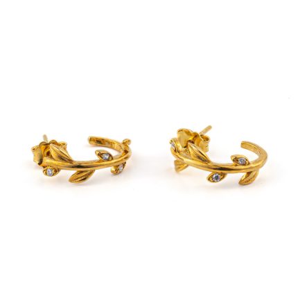Olive Leaves Earrings with Zircon – 14K Solid Yellow Gold