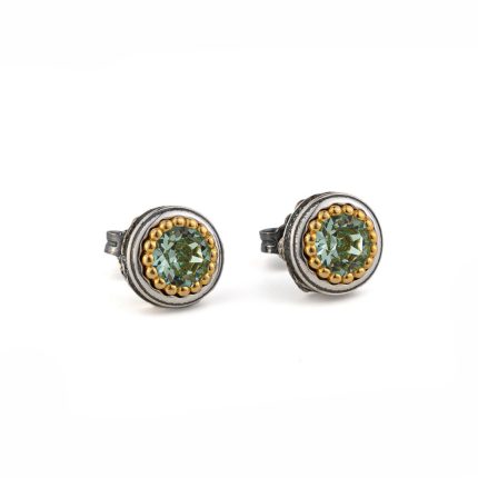 Byzantine Stud Earrings with Chrysolite Crystal Stone - 925 Sterling Silver