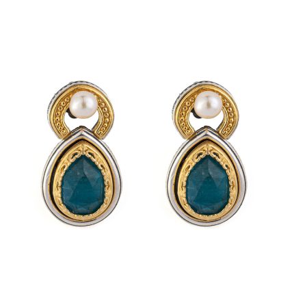 Byzantine Stud Earrings with Apatite - Sterling Silver 925 Gold Plated