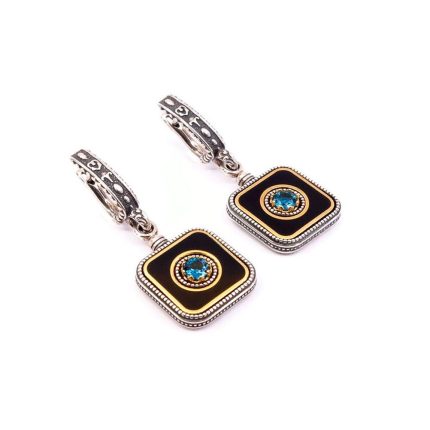 Byzantine Earrings with Crystal London Blue Topaz and Black Enamel