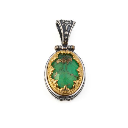 Byzantine Green Turquoise Pendant - 925 Sterling Silver Gold Plated