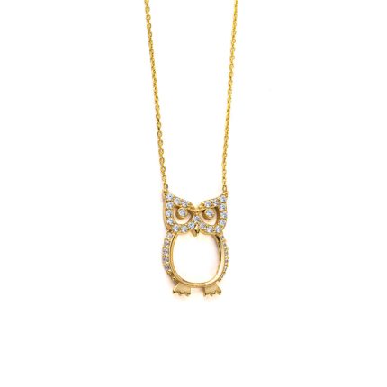 Owl Necklace with White Zircon - 925 Sterling Silver Gold Plated