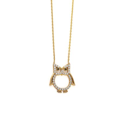 Owl Necklace with White Zircon - 925 Sterling Silver and Gold Plated