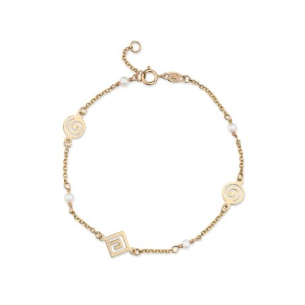 Spiral and Greek Key Gold Bracelet with Pearls - 14k Gold