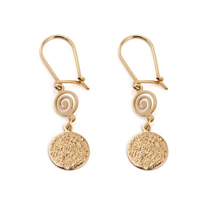 Spiral Phaistos Disc Dangle Earrings – 14K Solid Yellow Gold
