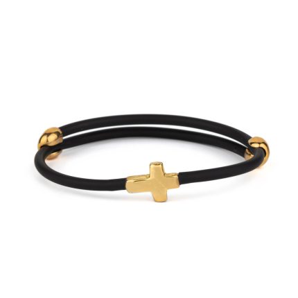 Cross Black Caoutchouc Bracelet  – 925 Sterling Silver and Gold Plated