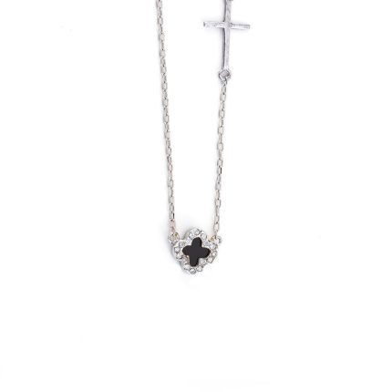 Black Onyx Cross Necklace with White Zircon - 14k Gold