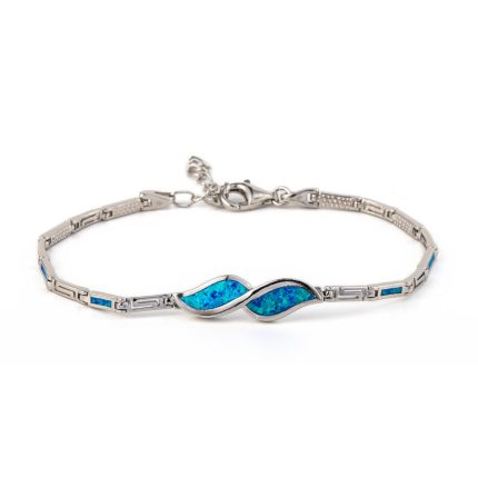 Olive Leaf Link Bracelet - 925 Sterling Silver with Blue Opal