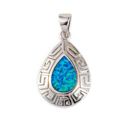 greek key blue opal silver pendant