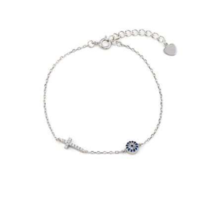 Sterling Silver Evil Eye Bracelet with Cross and Zircon