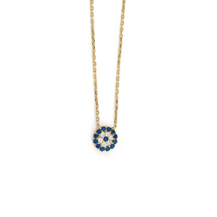 Eye Necklace with White and Blue Zircons - 9K Yellow Gold