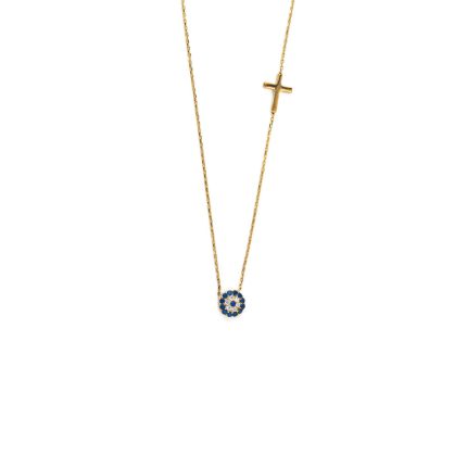 9K Yellow Gold - Eye Necklace with cross and zircon