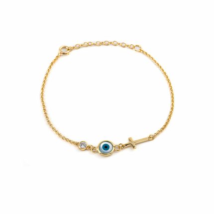 Sterling Silver Yellow Gold Plated Eye Chain Bracelet with Cross and Zircon