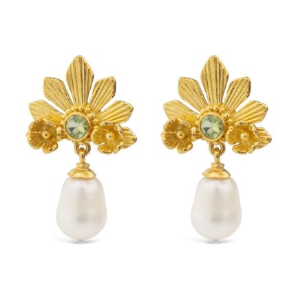 Flower Pearl Stud Earrings in Gold-Plated & 925 Sterling Silver with Peridot