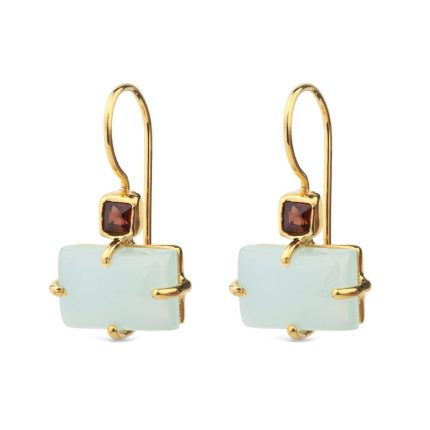 Dangle Earrings in 925 Silver & Gold Plating with Garnet and Aqua Chalcedony