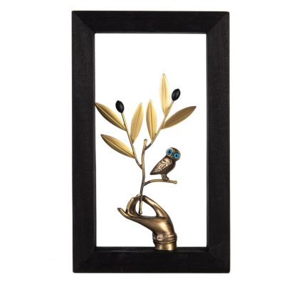 Bronze Hand Holding Olive Branch Owl - Wood Framed