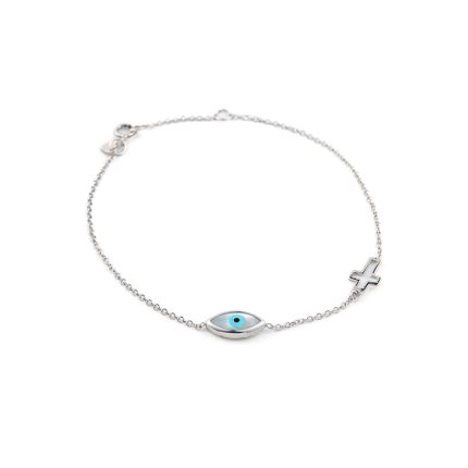 9K White Gold Evil Eye and Cross Bracelet