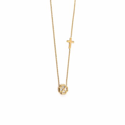 Four Leaf Clover Necklace with Cross - 9K Yellow Gold