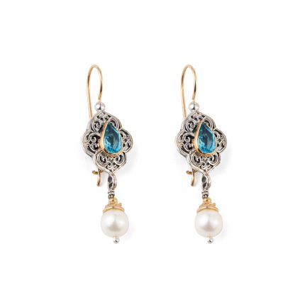 Byzantine Long Earrings with blue Topaz - 18K Gold and Sterling Silver