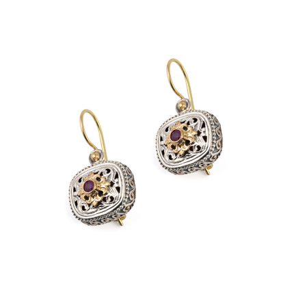 Garden Shadows Cushion Earrings in 18K Gold and Sterling Silver with Ruby