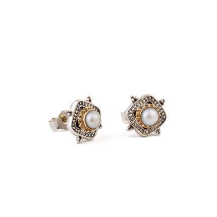 Cyclades small Stud square earrings in 18K Gold and Sterling Silver with pearls