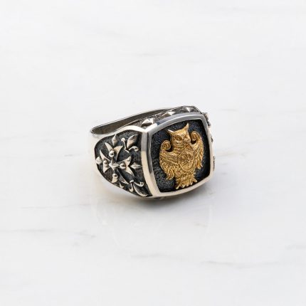 Owl Ring - 14k Solid Gold & Sterling Silver