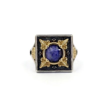 Byzantine Ring with Doublet Lapis Stone - 925 Sterling Silver Gold Plated