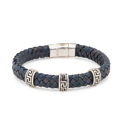 Sterling Silver Bracelet with Greek Key Motif - Genuine Leather