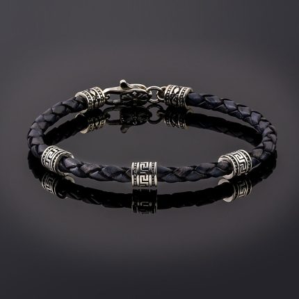 Greek Key Bracelet - Sterling Silver and Braided Genuine Leather