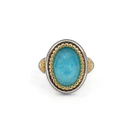 Byzantine Ring with Amazonite Doublet Stone - 925 Sterling Silver Gold Plated